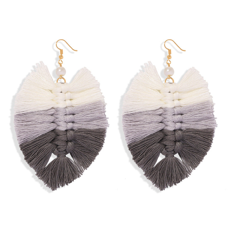 Handmade Gradient Tassel Earrings Leaf Shape Ethnic Style Earrings Exotic Holiday Earrings