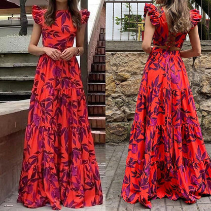 Women's Clothing Elegant Graceful Round-neck High Waist Slim-fit Printed Long Dress