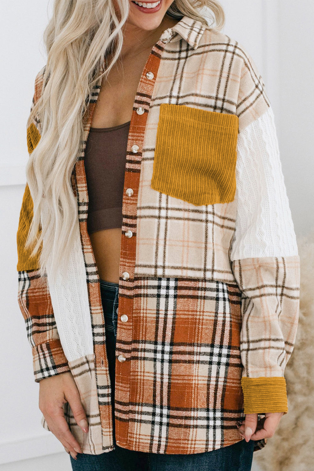 Orange Plaid Color Block Patchwork Shirt Jacket with Pocket