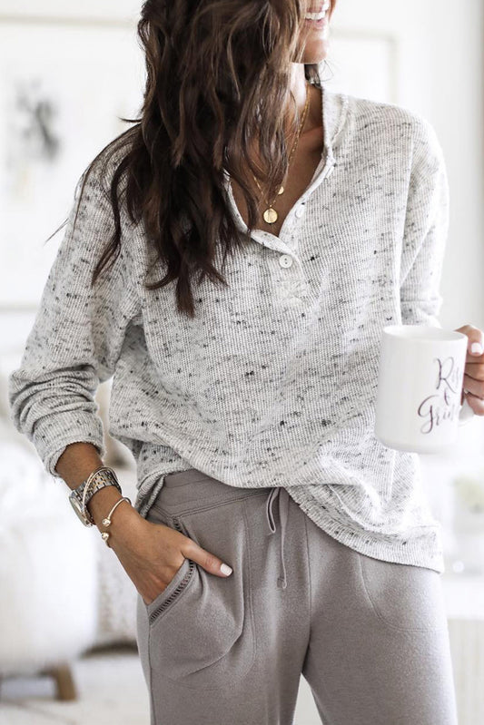 Gray Slouchy Heather Rib Knit Long Sleeve Henley Top