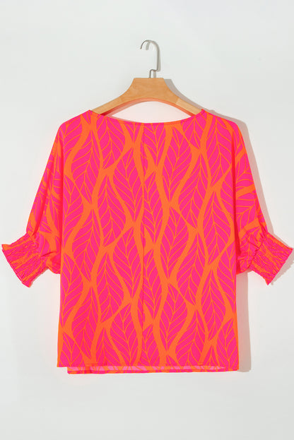 Rose Tropical Leaf Print Smocked Puff Sleeve Blouse