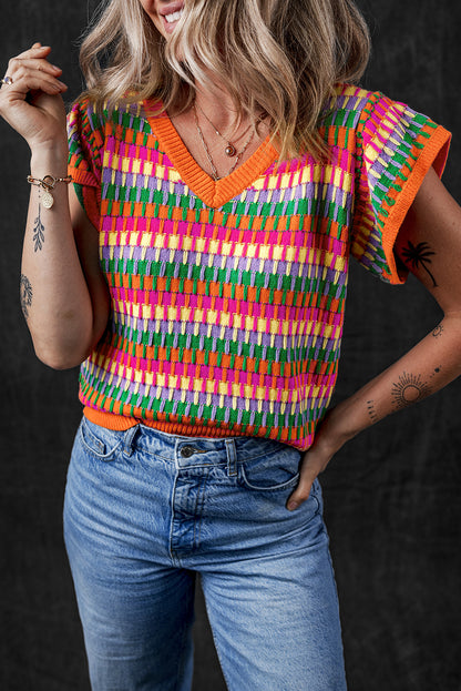 Orange Multicolor Flutter Sleeve Knitted Sweater Top