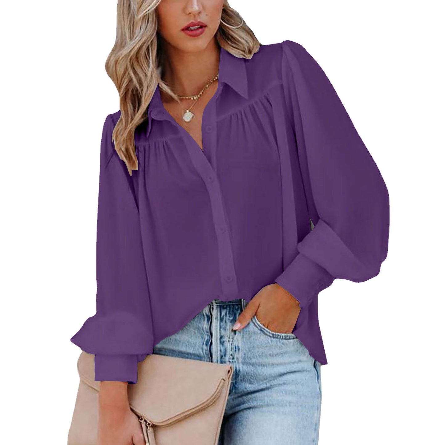 Lantern Sleeve Pleated Solid Color Loose Shirt Long Sleeve Women's Clothing