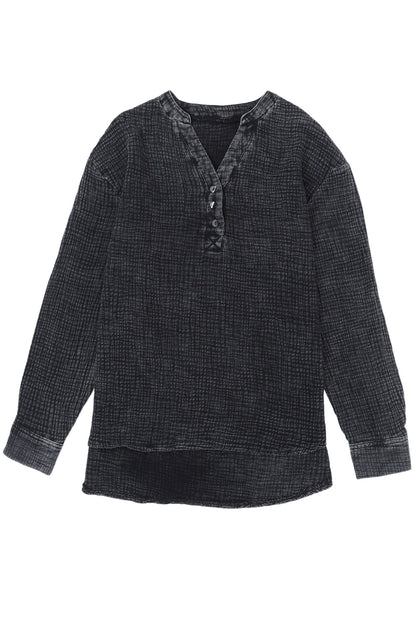 Light Blue Plus Size Split Neck Buttons Crinkled Blouse