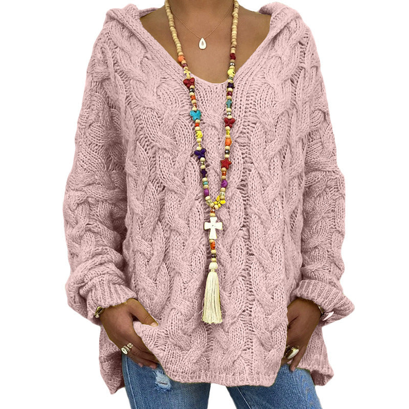 Solid Color Twist Knitted Hoodie Sweater For Women