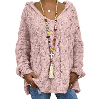 Solid Color Twist Knitted Hoodie Sweater For Women