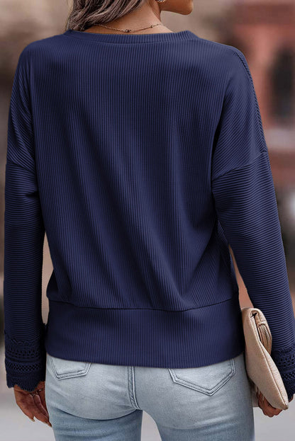 Black Ribbed Texture Lace Trim V Neck Long Sleeve Top