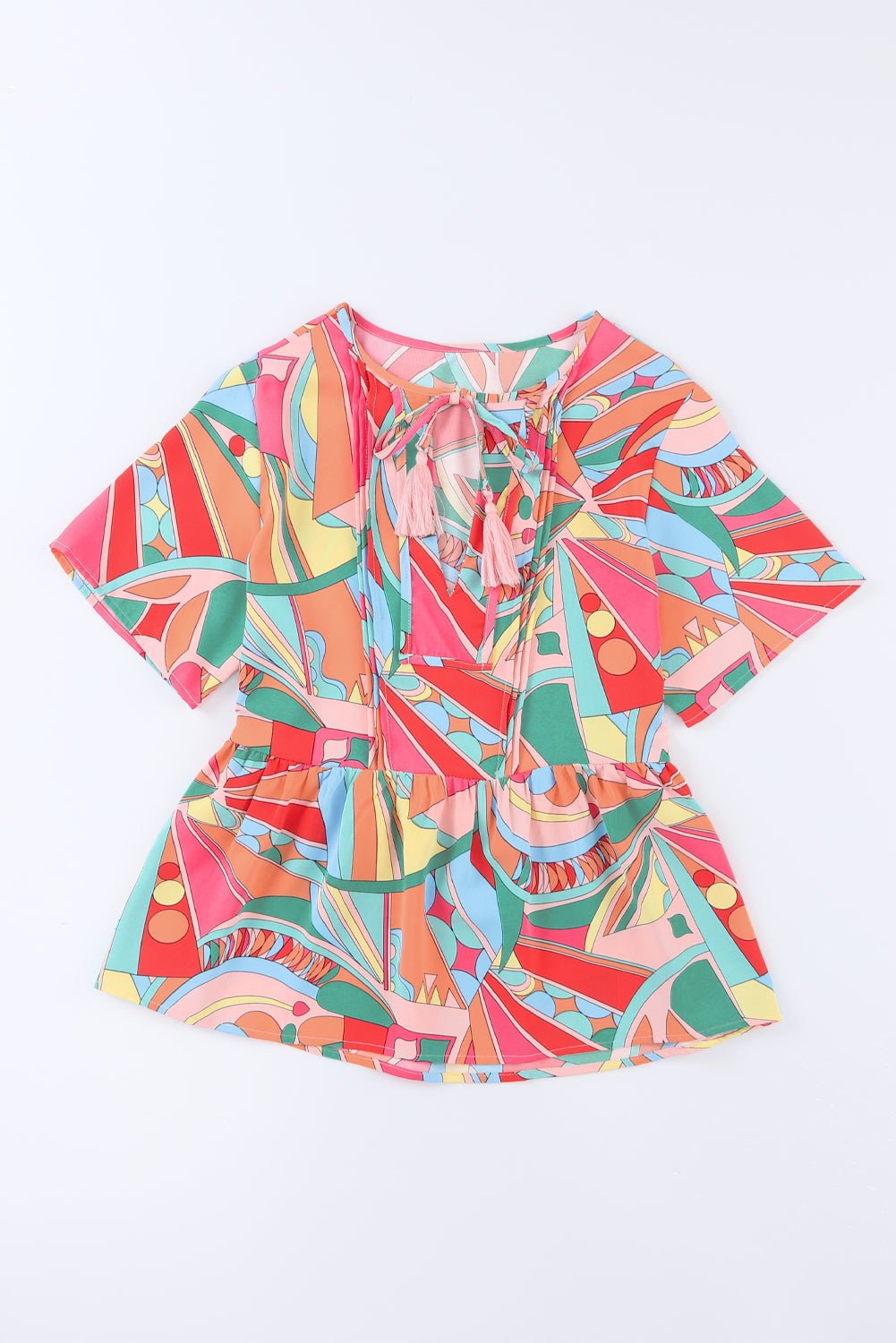 Multicolor Geometric Print Split Neck Ruffle Tiered Mini Dress