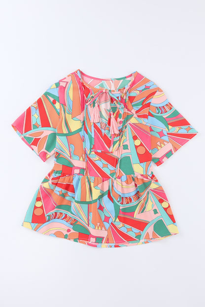 Multicolor Geometric Print Split Neck Ruffle Tiered Mini Dress