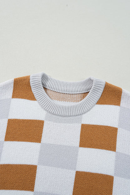 Khaki Checkered Ribbed Edge O Neck Drop Shoulder Sweater