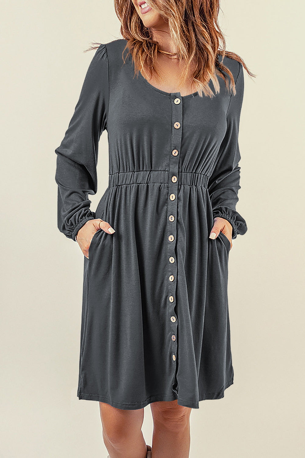 Orange Button Up High Waist Long Sleeve Dress