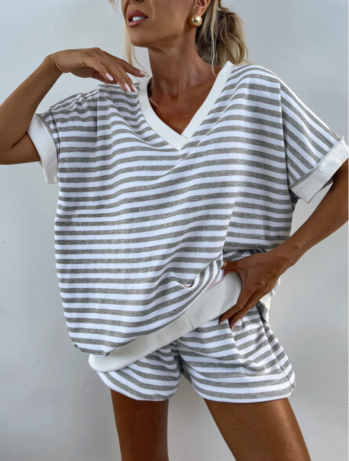 Womens 2-piece Knitted Striped Loose Sweatshirt And High-waisted Shorts Casual Set