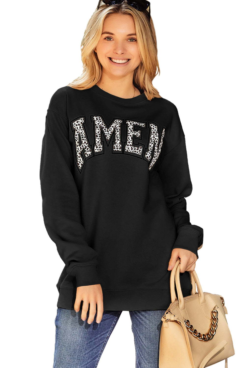 Pink AMEN Leopard Letter Print Oversized Pullover Sweatshirt