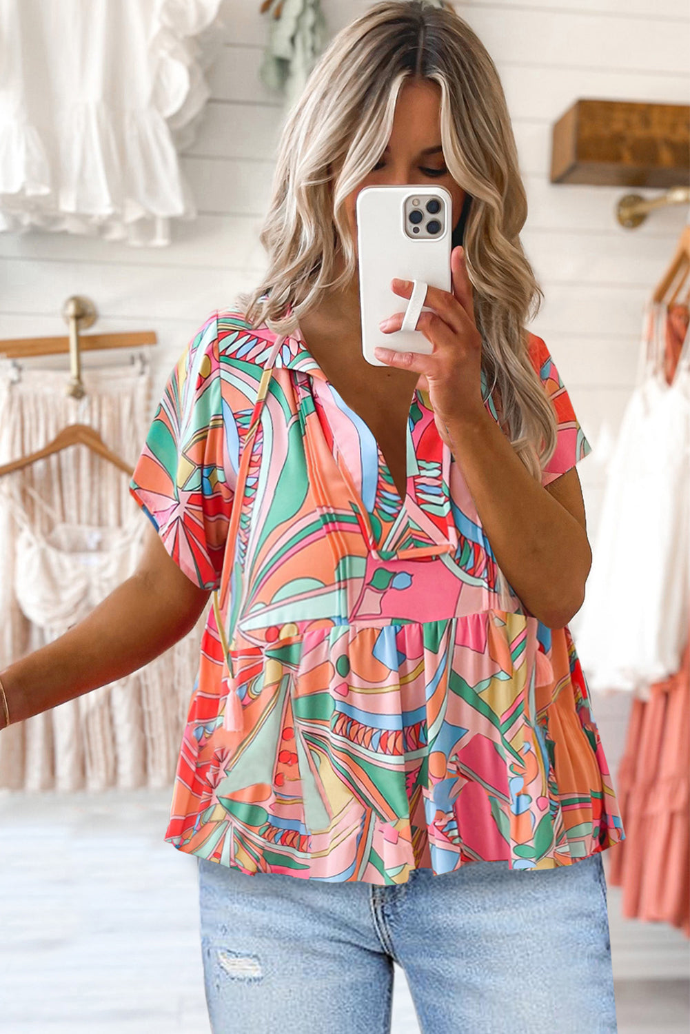 Multicolor Geometric Print Split Neck Ruffle Tiered Mini Dress