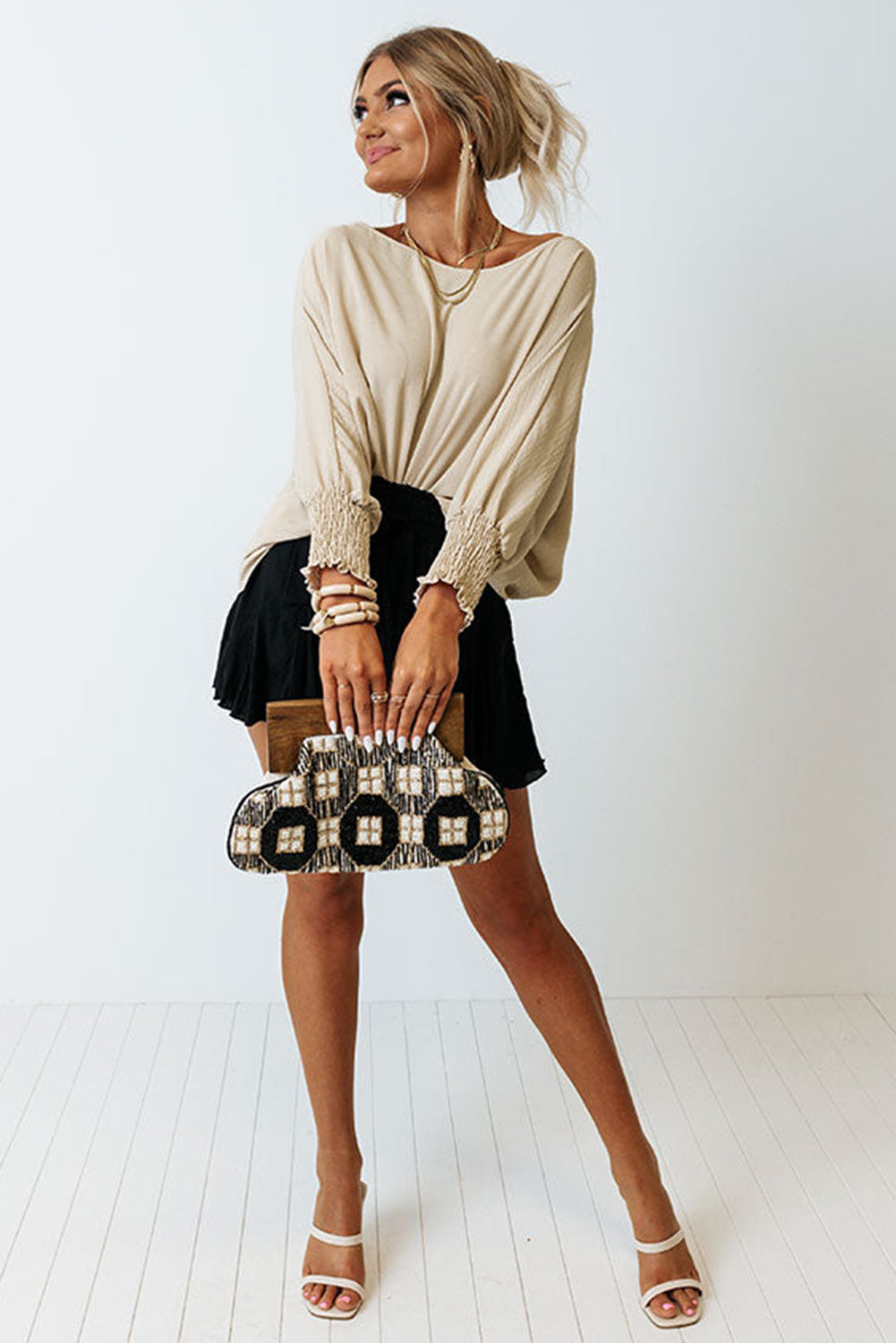 Chestnut Solid Shirred Cuffs Short Swing Dress