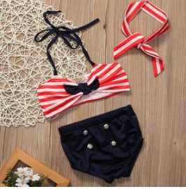 Red  White Stripe Swimsuit Headband 3pc Set