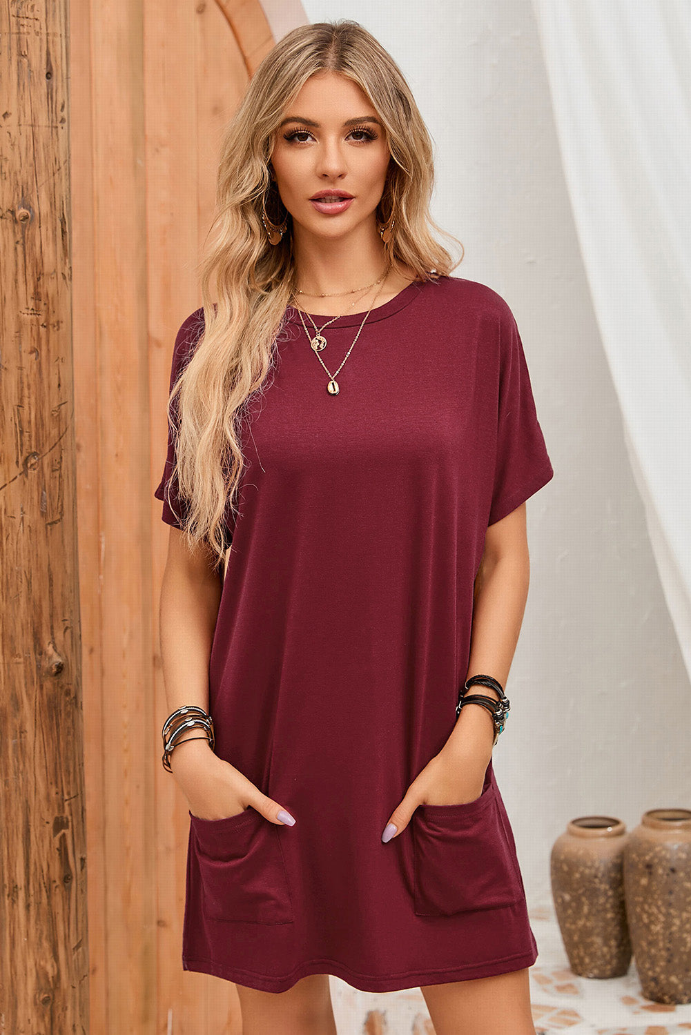White Side Pockets Short Sleeve Tunic Top