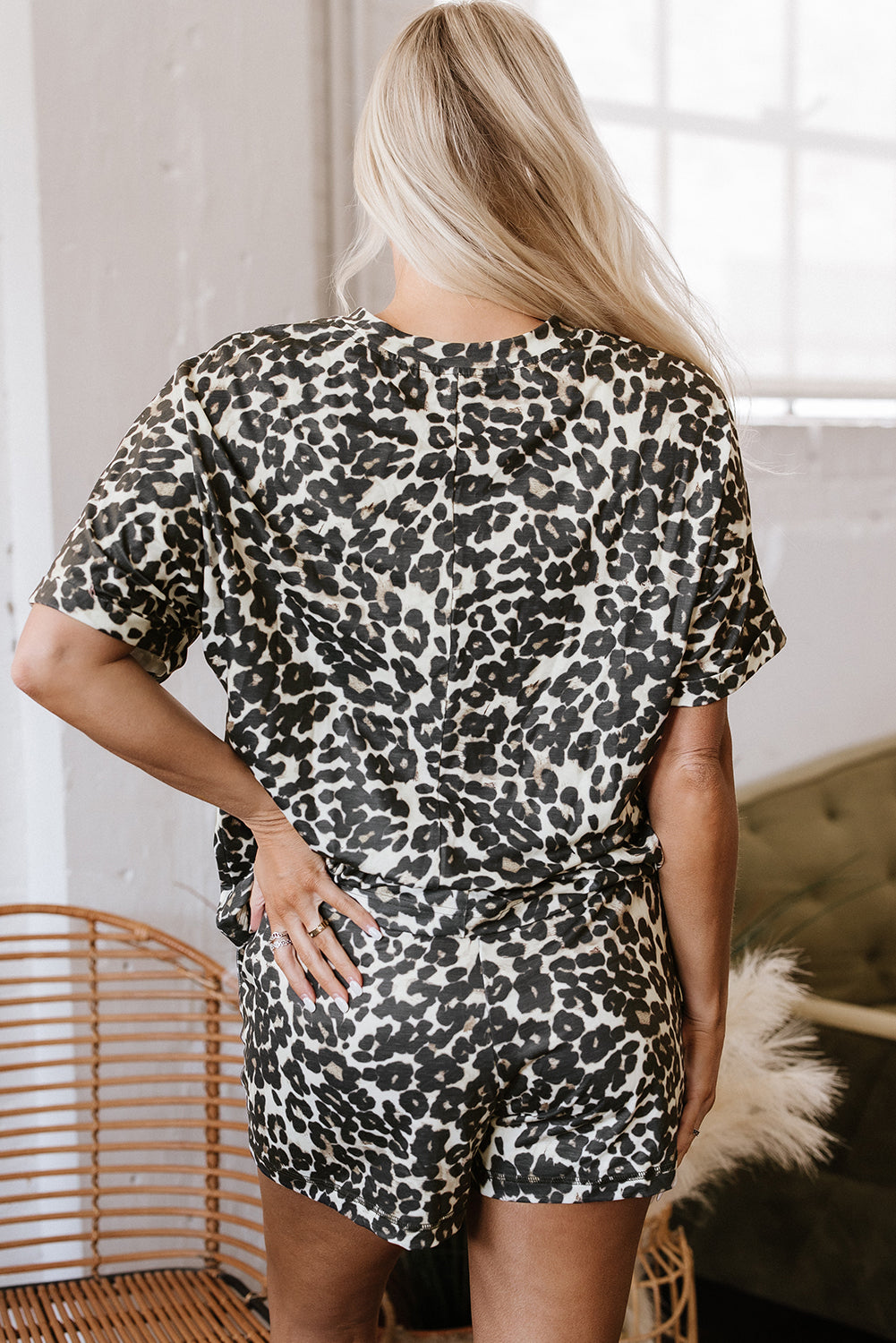 Black Cheetah Printed Casual Tee and Shorts Lounge Set