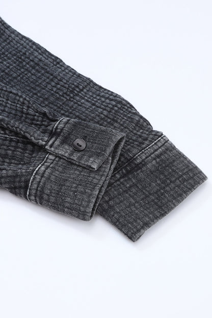 Light Blue Plus Size Split Neck Buttons Crinkled Blouse