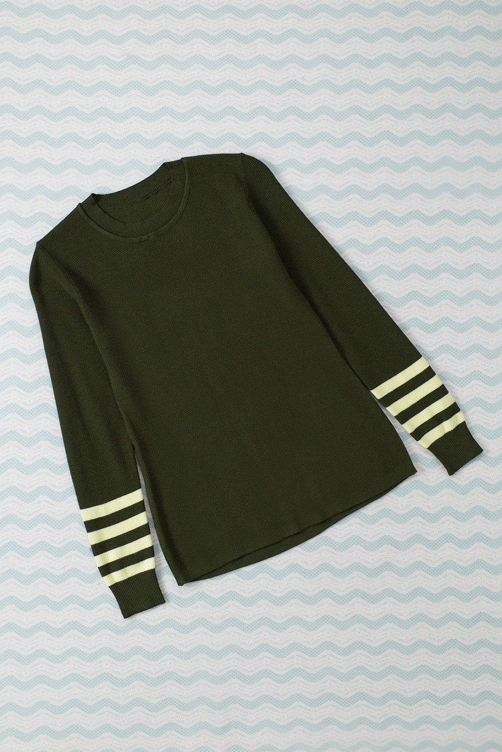 Rose Striped Sleeve Plain Knit Sweater