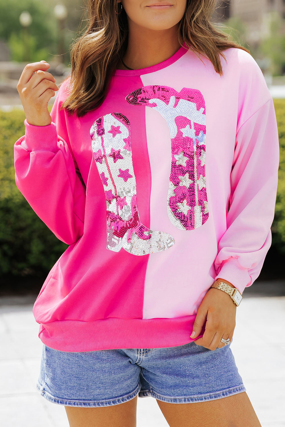 Pink Color Block Sequined Cowgirl Boots Graphic Sweatshirt I cease
