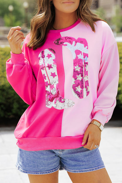 Pink Color Block Sequined Cowgirl Boots Graphic Sweatshirt I cease
