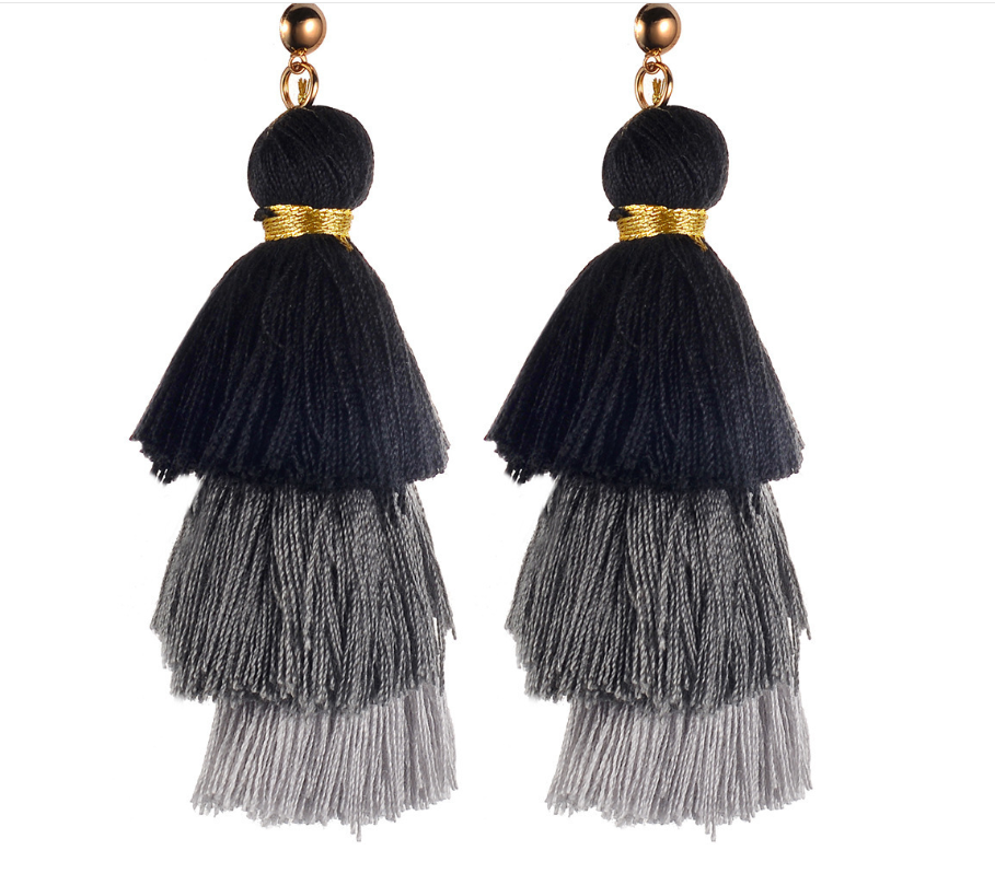 Cotton tassel three-layer gradient color tassel earrings earrings