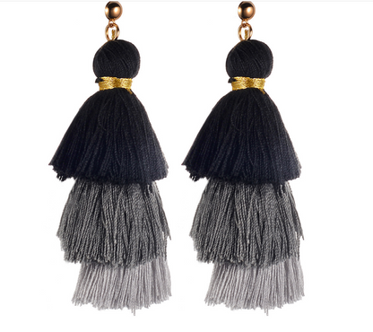 Cotton tassel three-layer gradient color tassel earrings earrings