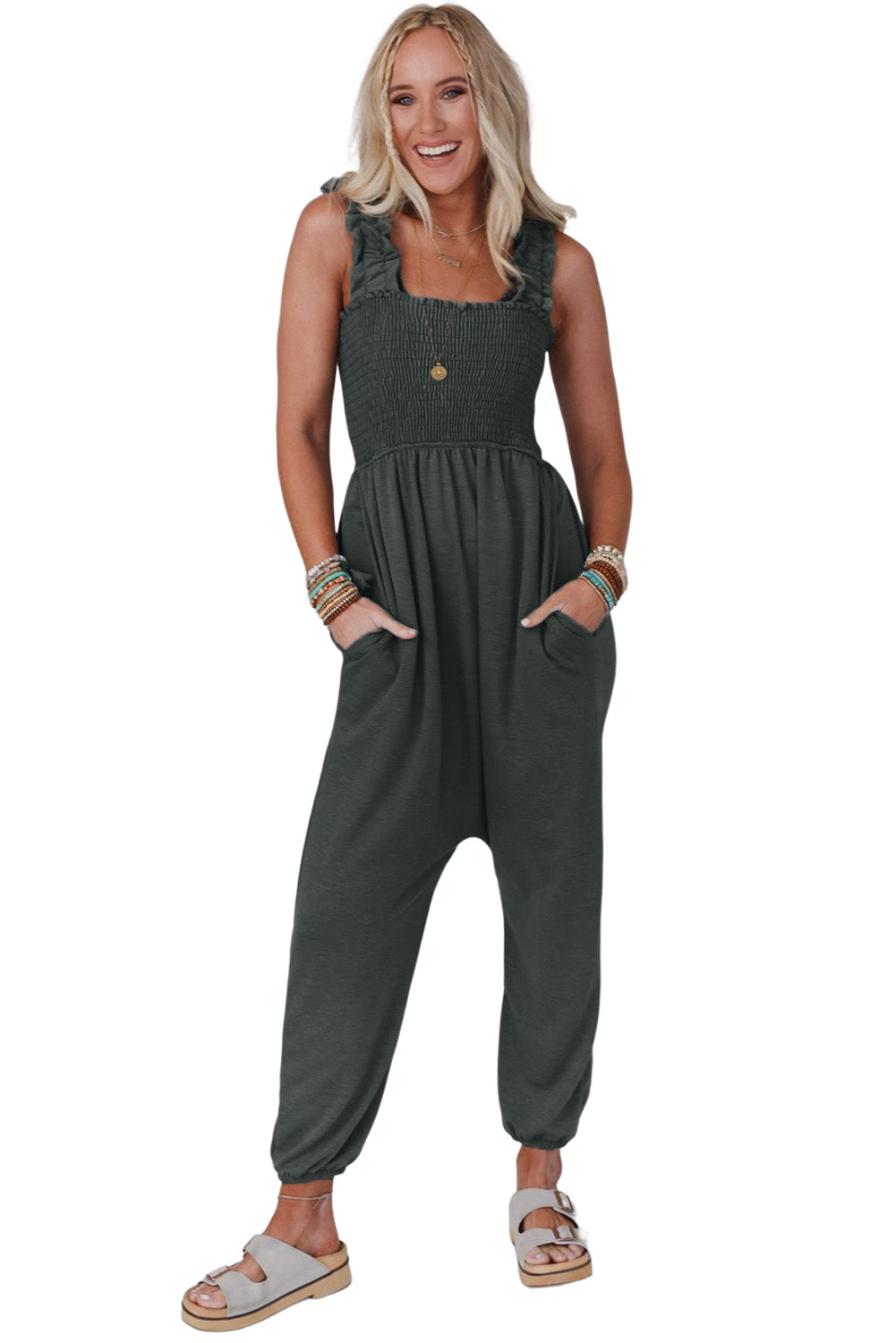 Gray Smocked Ruffled Straps High Waist Sleeveless Jumpsuit