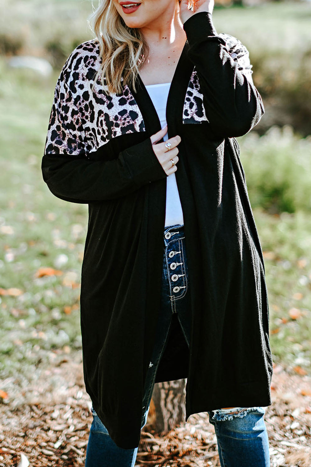 Green Printed Leopard Detail Plus Size Cardigan