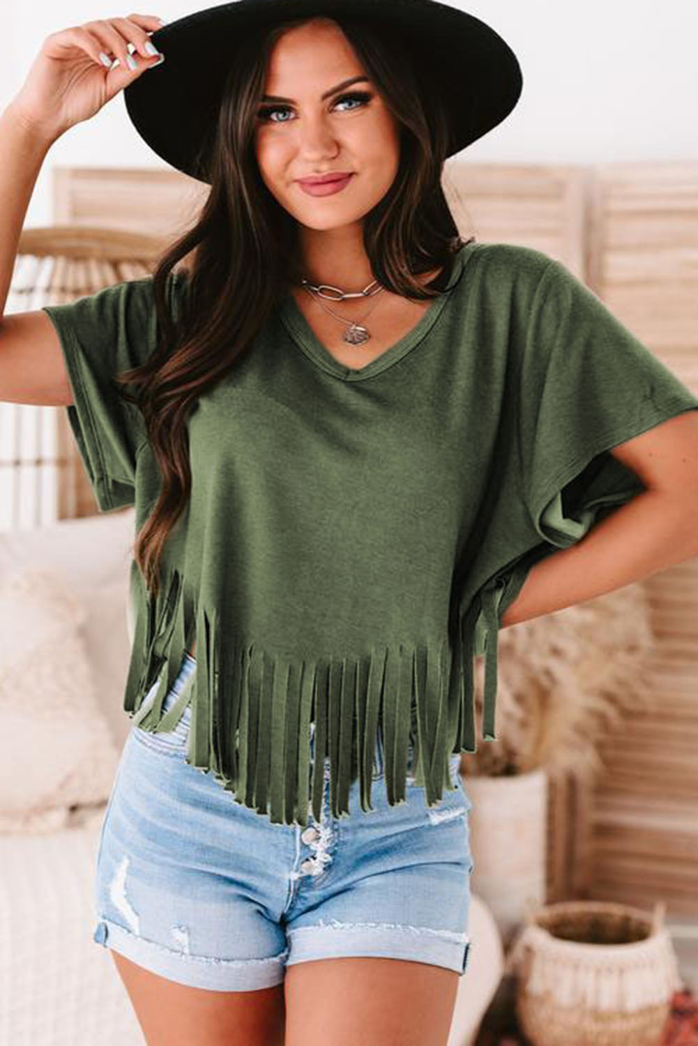 Red Fringe Hem V Neck T Shirt