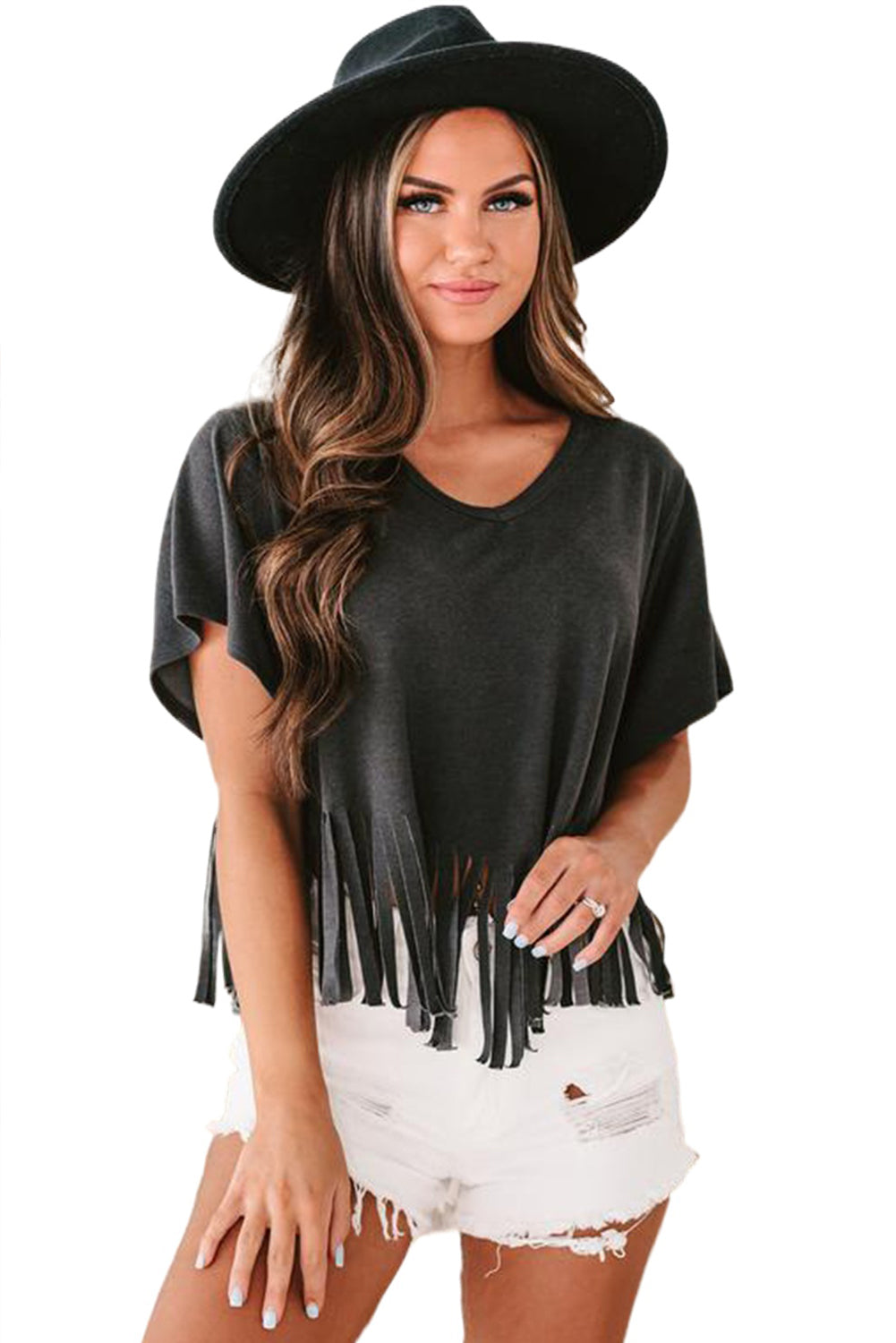 Red Fringe Hem V Neck T Shirt