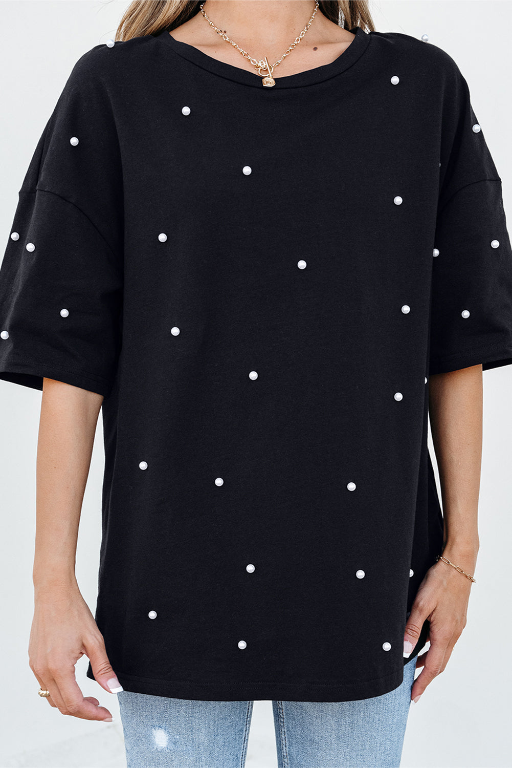 Black Pearl Beaded Drop Shoulder Crewneck T Shirt