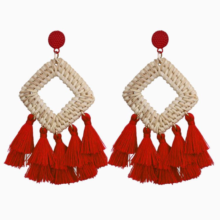 Rattan raffia tassel earrings
