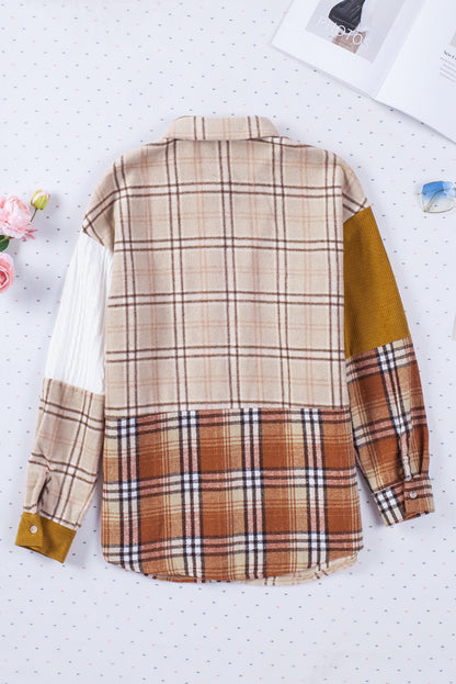 Orange Plaid Color Block Patchwork Shirt Jacket with Pocket