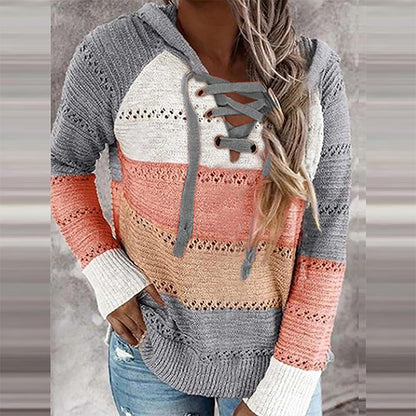 Women's Fashion Temperament Color Matching Hooded Long-sleeved Sweater