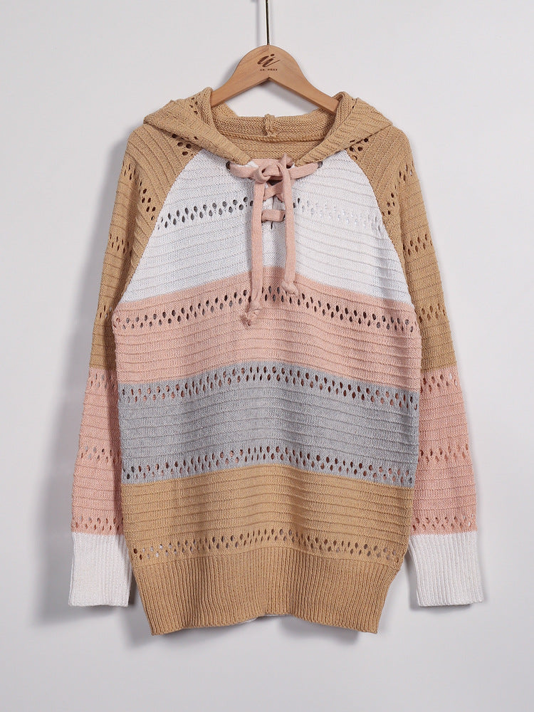 Women's Fashion Temperament Color Matching Hooded Long-sleeved Sweater