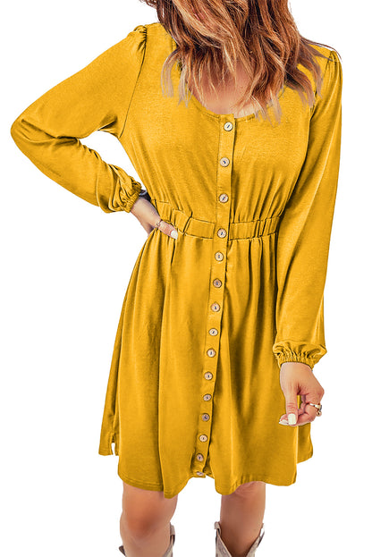 Orange Button Up High Waist Long Sleeve Dress