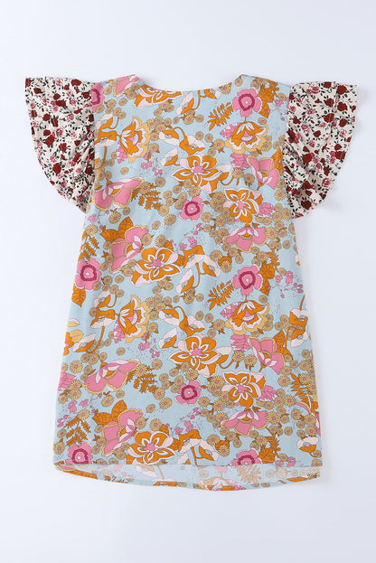 Brown Vintage Floral Smocked Bodice Flare Sleeve Tiered Long Dress