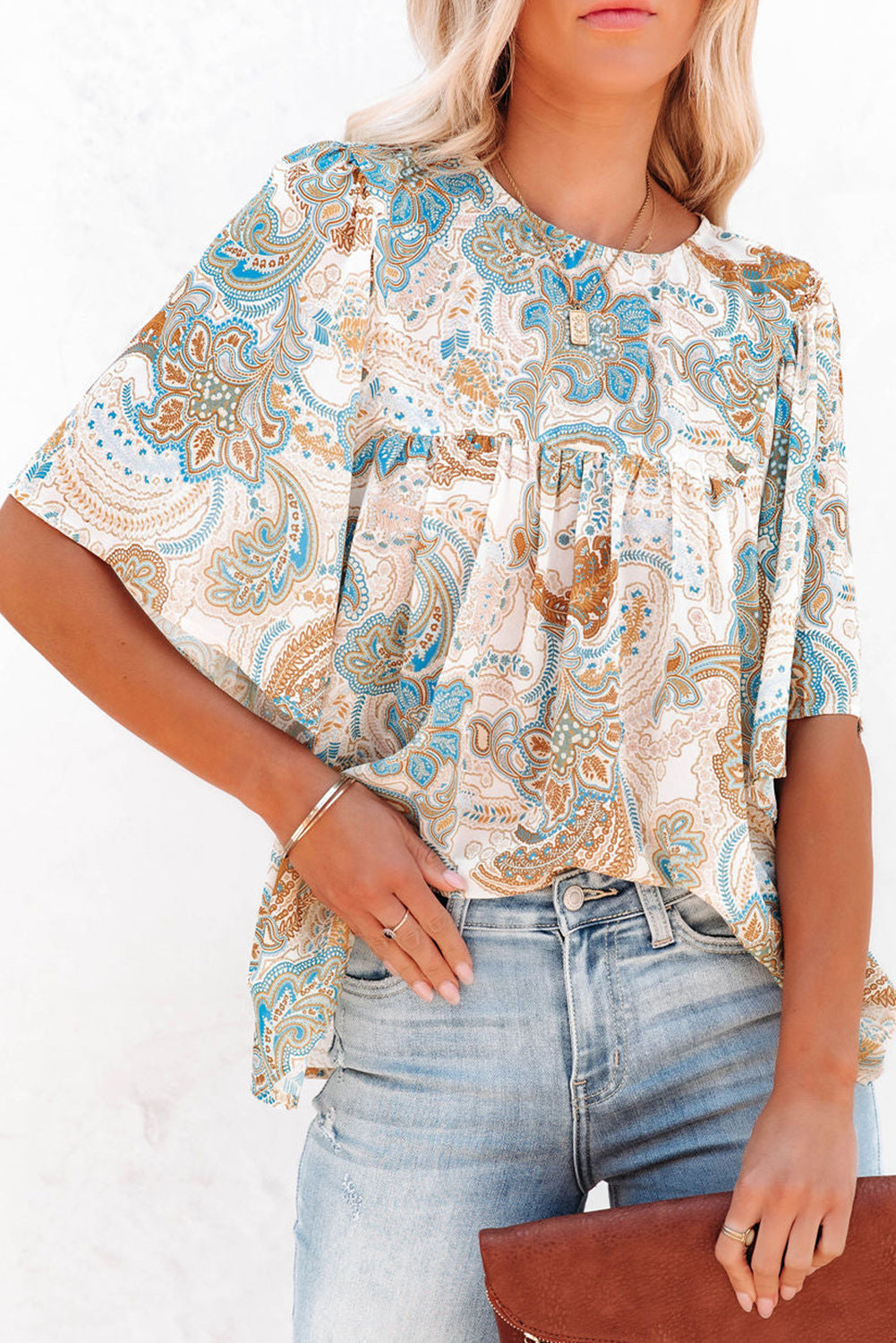 Sky Blue Paisley Pattern Print Drawstring V Neck Blouse