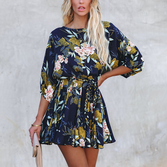 Fashion Flower Round Neck Three-quarter Sleeve Casual Swing Dress