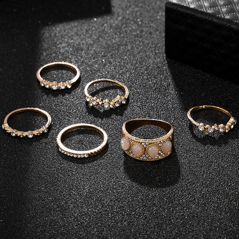 European And American Style Jewelry Diamond Drop-Shaped Opal Ring Set Of 6