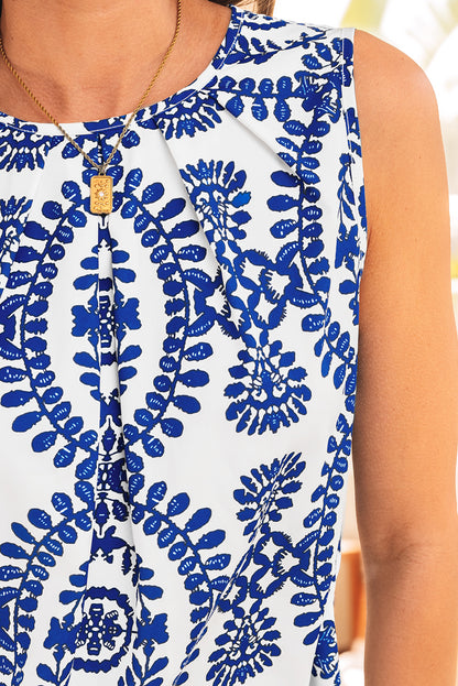Blue Vintage Print Pintuck Crew Neck Tank Top