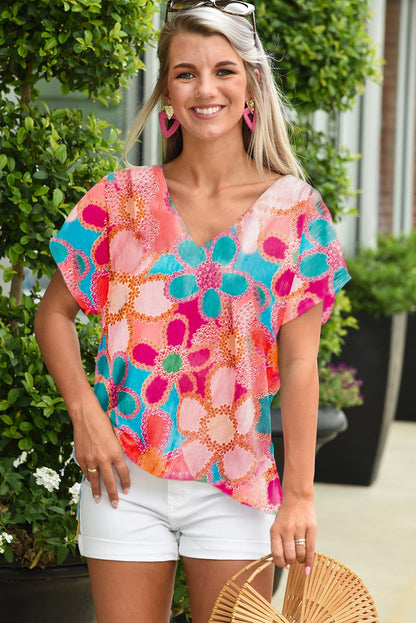 Multicolor Floral Print Bubble Sleeve Shirt
