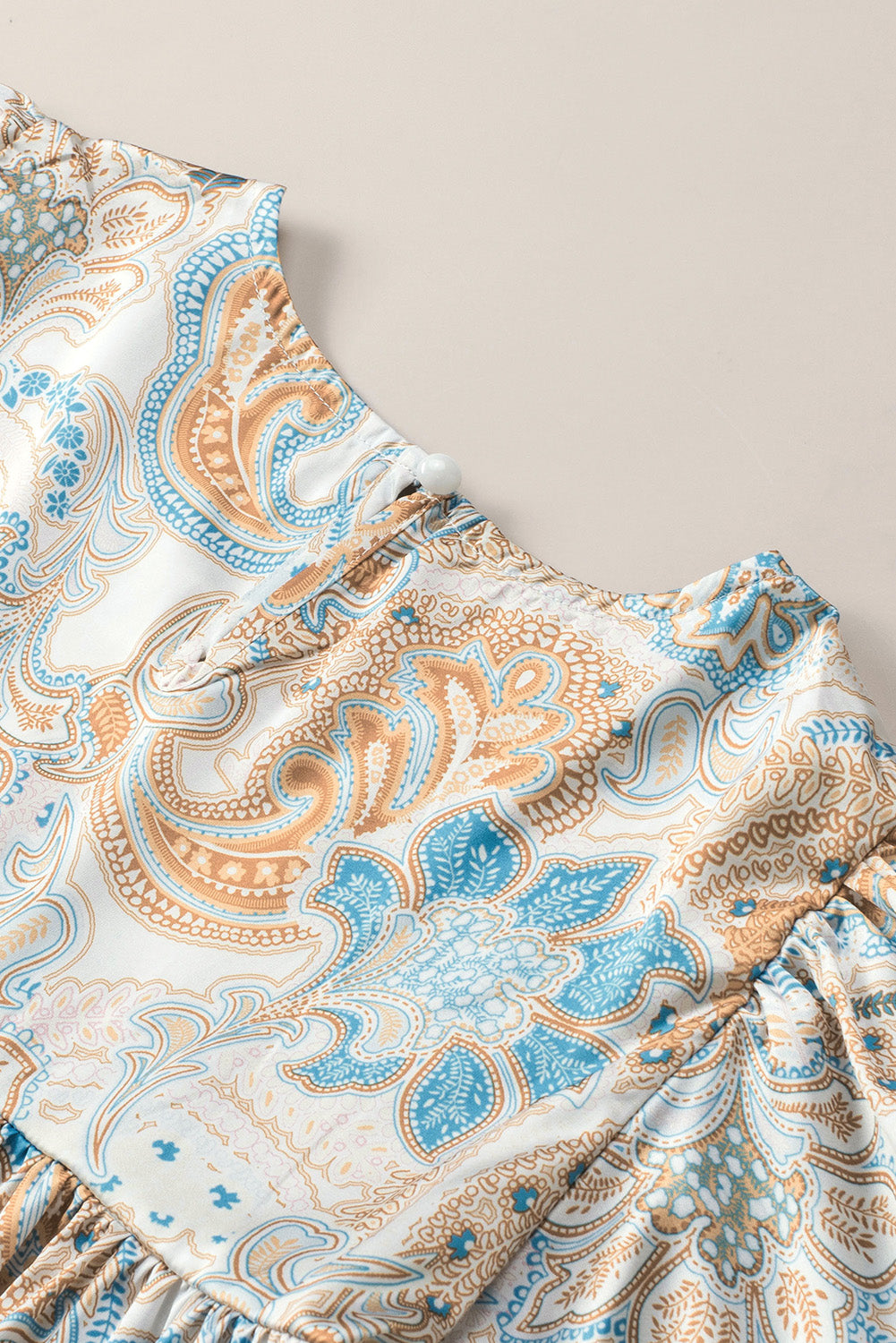 Sky Blue Paisley Pattern Print Drawstring V Neck Blouse