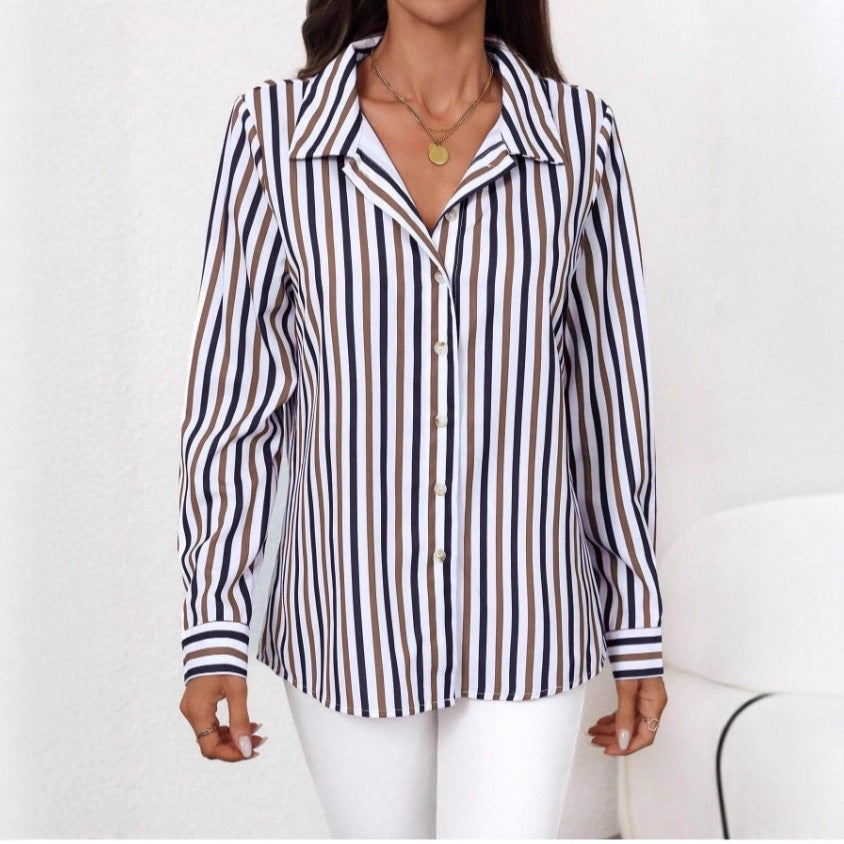 Womens Single-breasted Long-sleeve Casual Striped Shirt