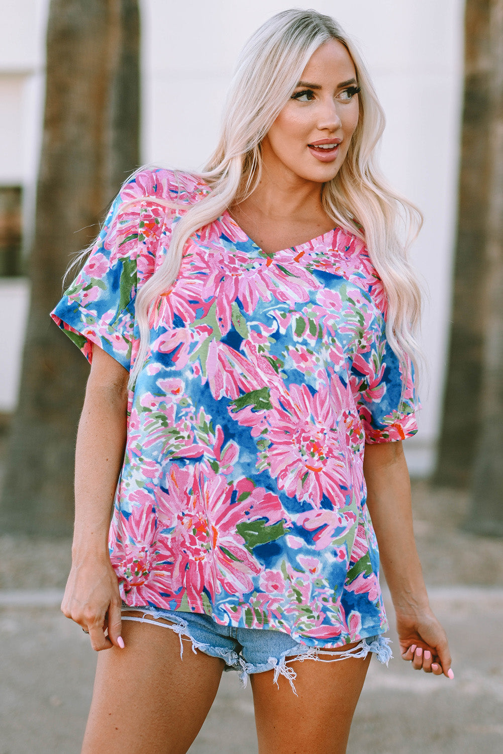 Pink Floral Print Buttoned V Neck Shirt