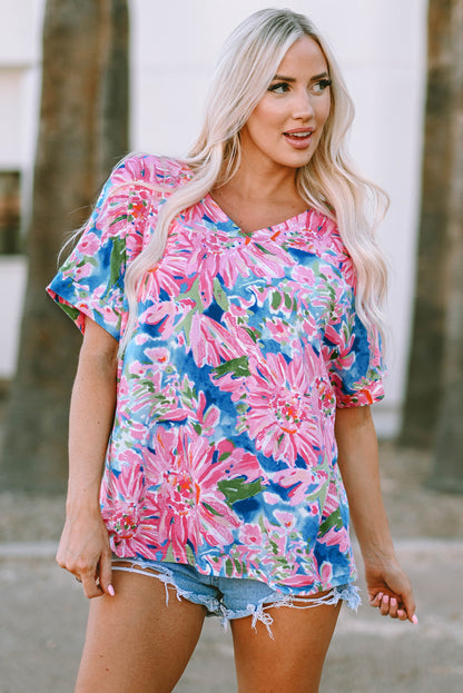 Pink Floral Print Buttoned V Neck Shirt