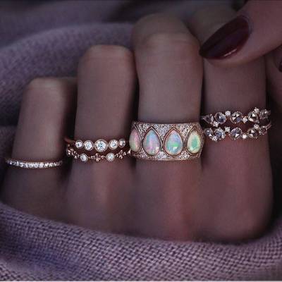 European And American Style Jewelry Diamond Drop-Shaped Opal Ring Set Of 6