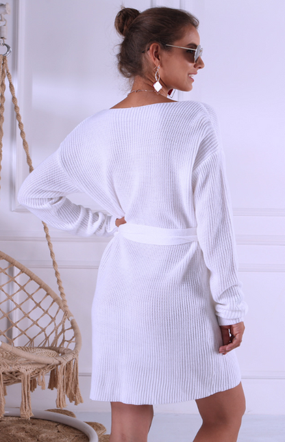 Off-the-shoulder V-neck belt dress